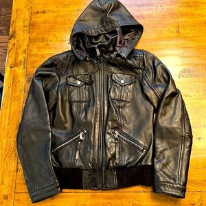 Buttery Soft Michael Kors black leather Moto bomber jacket with detachable hood